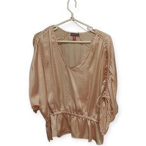 Vince Camuto Blush Pink V-Neck Peplum Blouse with Ruched Sleeve